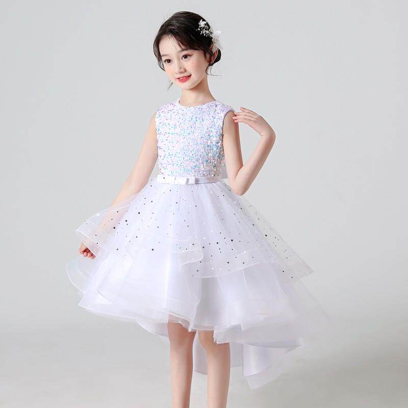正品女童燕裙尾夏季儿童表演礼服连衣主裙生色日公裙紫前短后长演