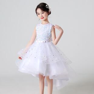 正品女童燕裙尾夏季儿童表演礼服连衣主裙生色日公裙紫前短后长演