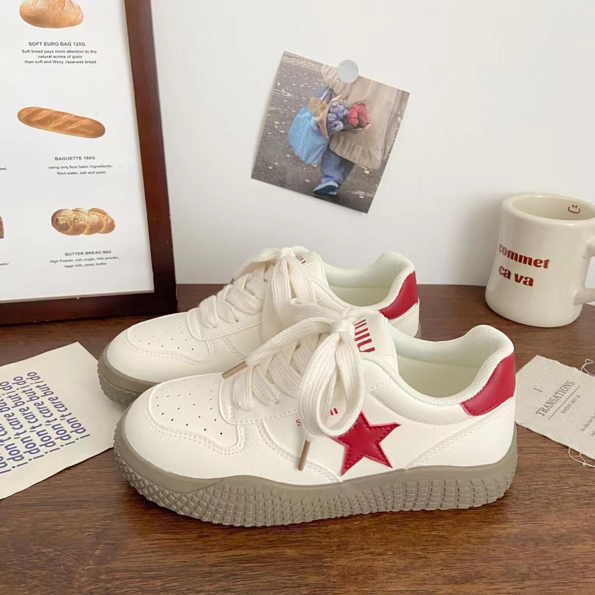 安可红色松糕小白皮面增高老爹鞋