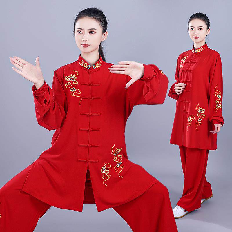 太极服女春秋新款刺绣表演服服装晨练武术太极拳练功中长款