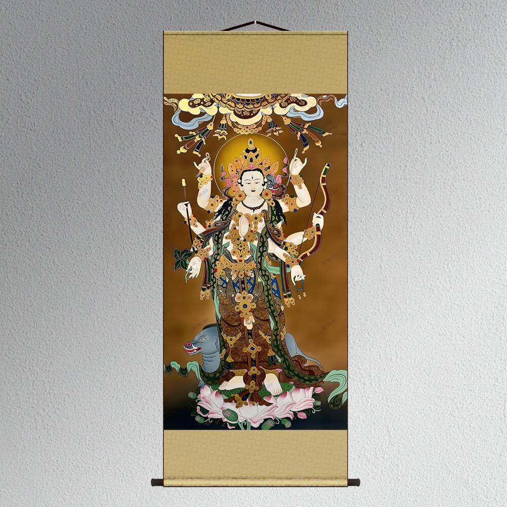 摩利支天菩萨光明天母画像丝绸布卷轴玄关供奉装饰挂画