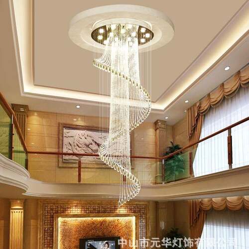 元华复式楼楼梯水晶大吊灯现代简约别墅旋转水晶长吊灯酒店大堂灯