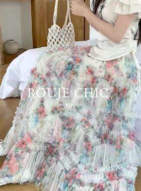法国rouje chic春季钉珠不规则印花高腰半身裙女法式大摆甜美长裙