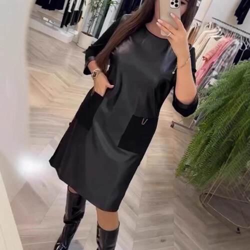 Straight cut round neck black dress