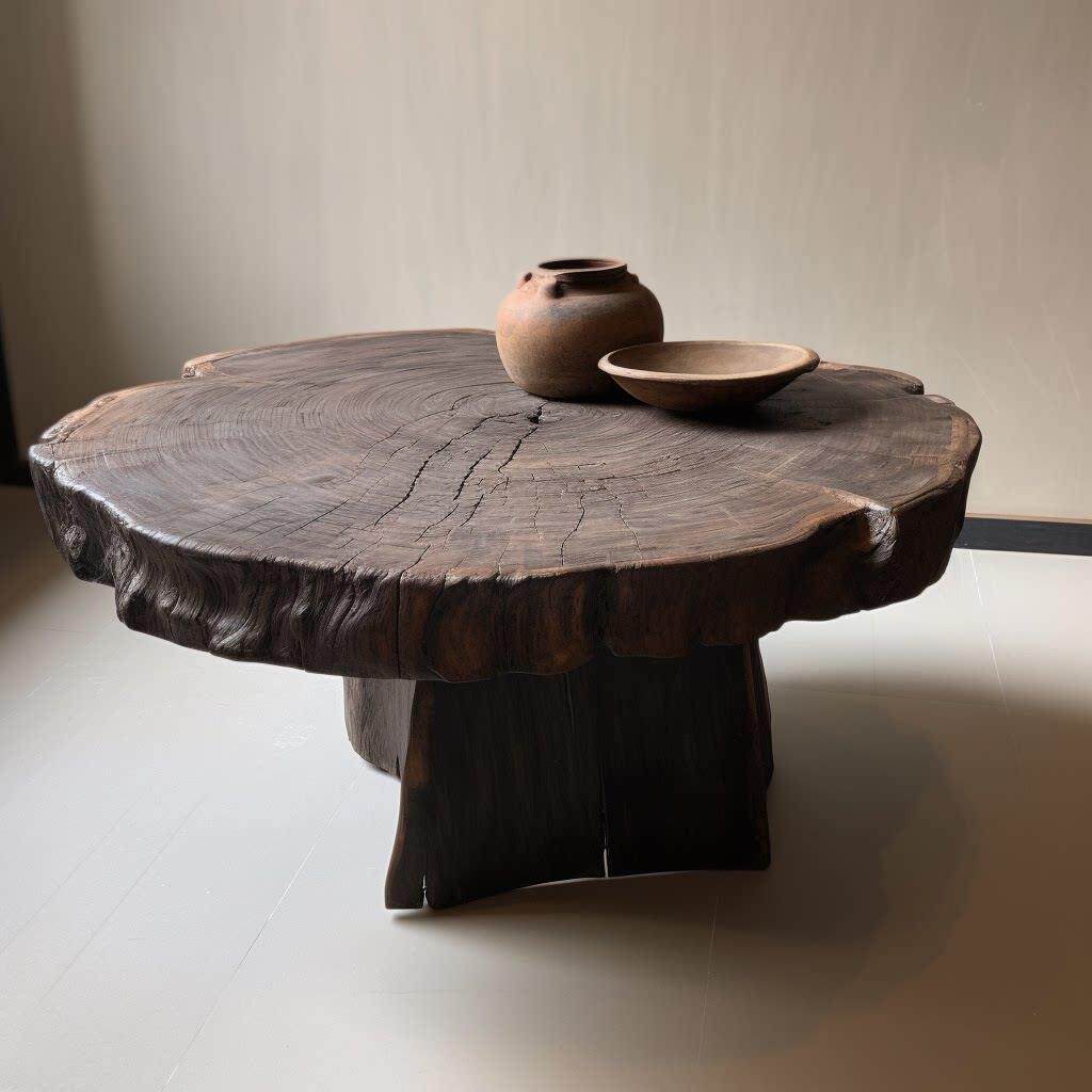 侘寂风原木小圆茶几 中山制造异形设计师茶几家俱 实木中古风茶桌