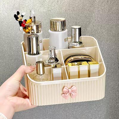 Cosmetic storage box for desktop vanity, featuring compartme