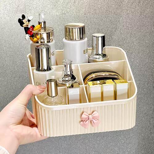 Cosmetic storage box for desktop vanity, featuring compartme