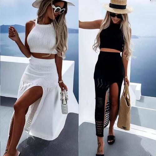 Beach skirt set sleeveless knitted short top long slit