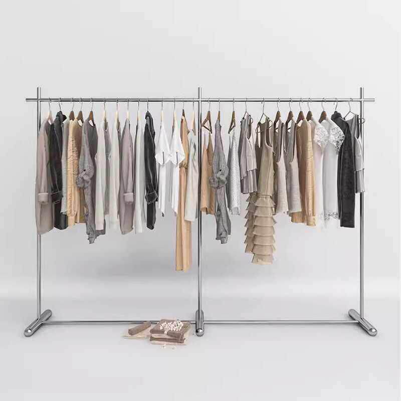 服装店展示架不锈钢亮光银色落地式挂衣杆女装童装陈列货架中岛