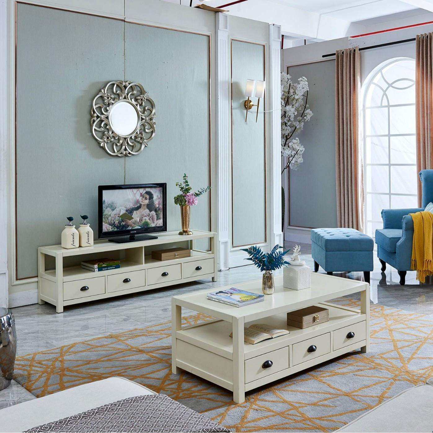 美式实木电视柜茶几组合白色小户型家用客厅轻奢简约现代储物柜