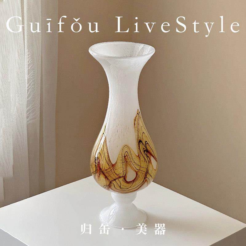 归缶复古轻奢琉璃花瓶摆件客厅插花高级感餐桌装饰品宋代美学花器