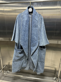 港味复古宽松大口袋蝙蝠袖七分袖大衣水洗做旧蓝色过膝开衫外套潮