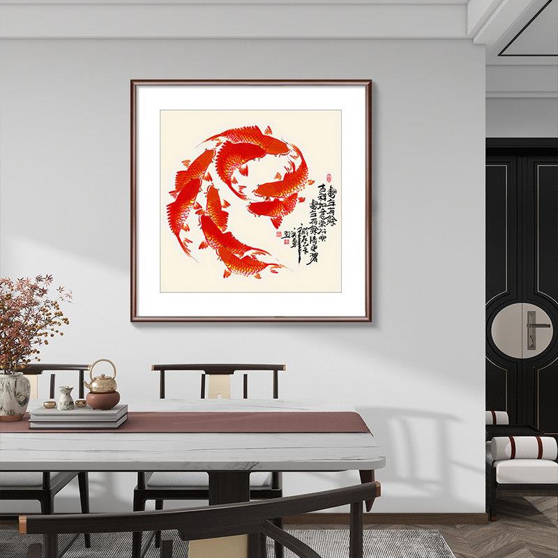 聚财九鱼图玄关装饰画转运寓意好客厅餐厅挂画中式实木背景墙壁画