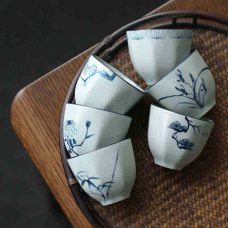 品茗功夫仿古手绘仿古主人暄釉杯装六只 八宁茶杯茶具釉杯角杯