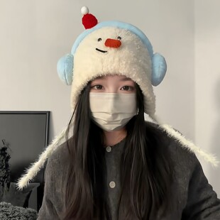 可爱雪人耳机针织帽显脸小毛茸茸防寒帽子女款秋冬天玩雪防风护耳