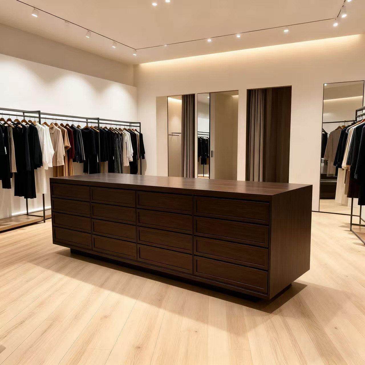 网红拍照展示台陈列展示台女装服装店中岛流水台实木胡桃色双面柜