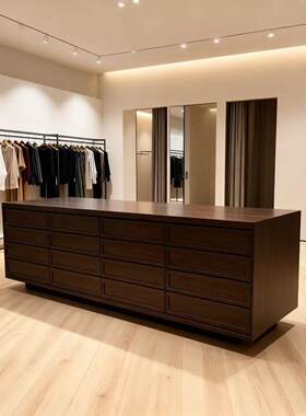 网红拍照展示台陈列展示台女装服装店中岛流水台实木胡桃色双面柜