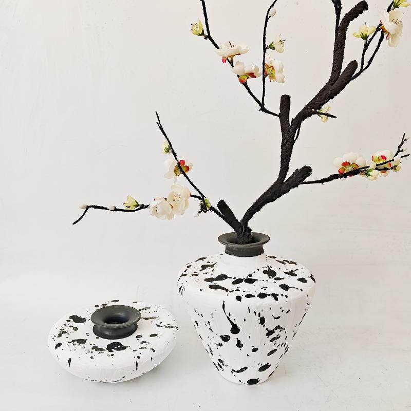 手工粗陶花瓶复古墨点陶瓷花瓶居家桌面客厅插花摆件工艺品
