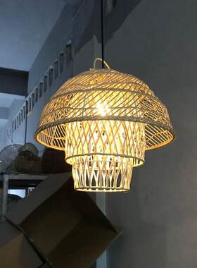 中式饭店阳台日式灯笼榻榻米灯具藤编吊灯蘑菇造型三层罩铁艺吊灯