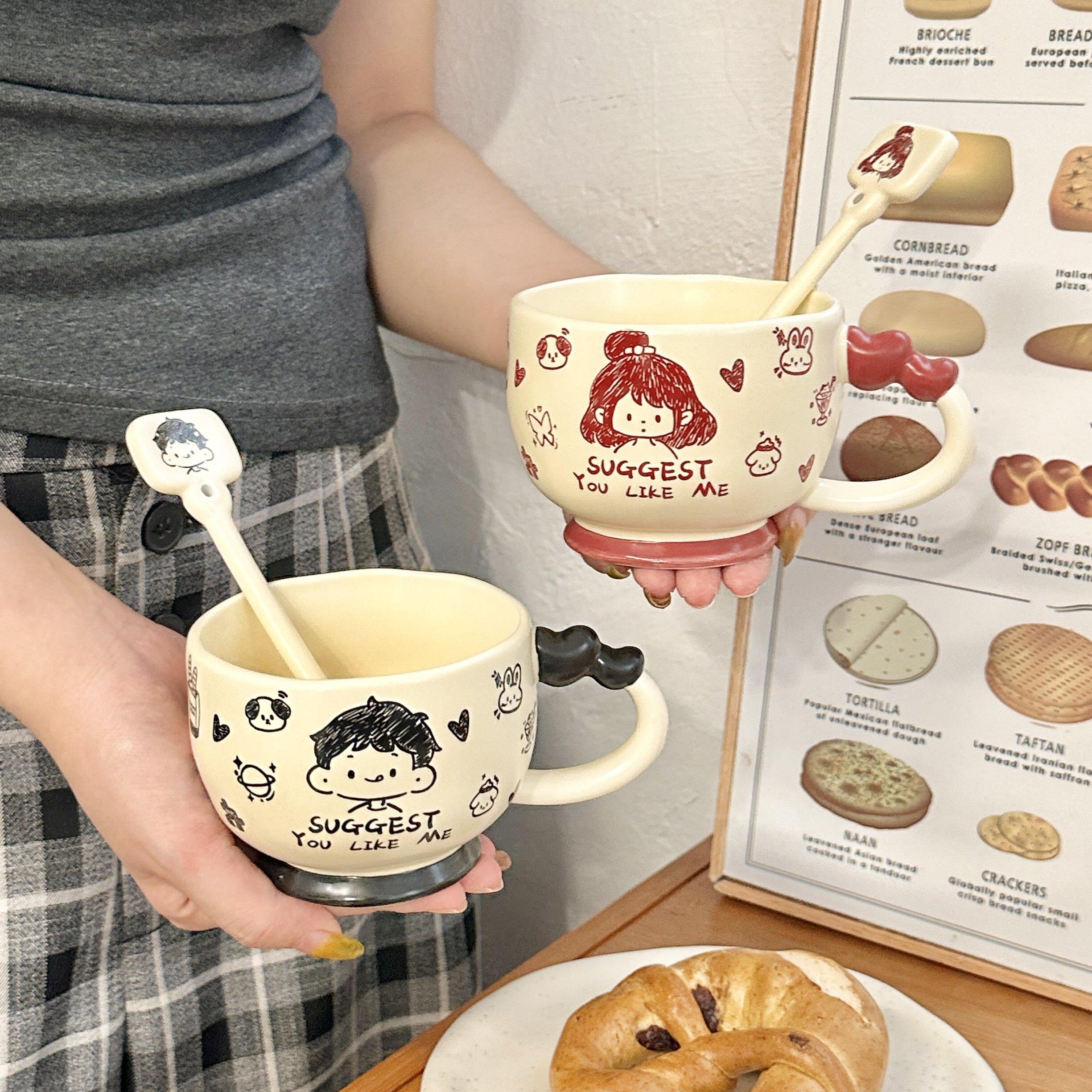 情侣家用杯子一对可爱涂鸦男女孩水杯陶瓷马克杯实用早餐咖啡杯子