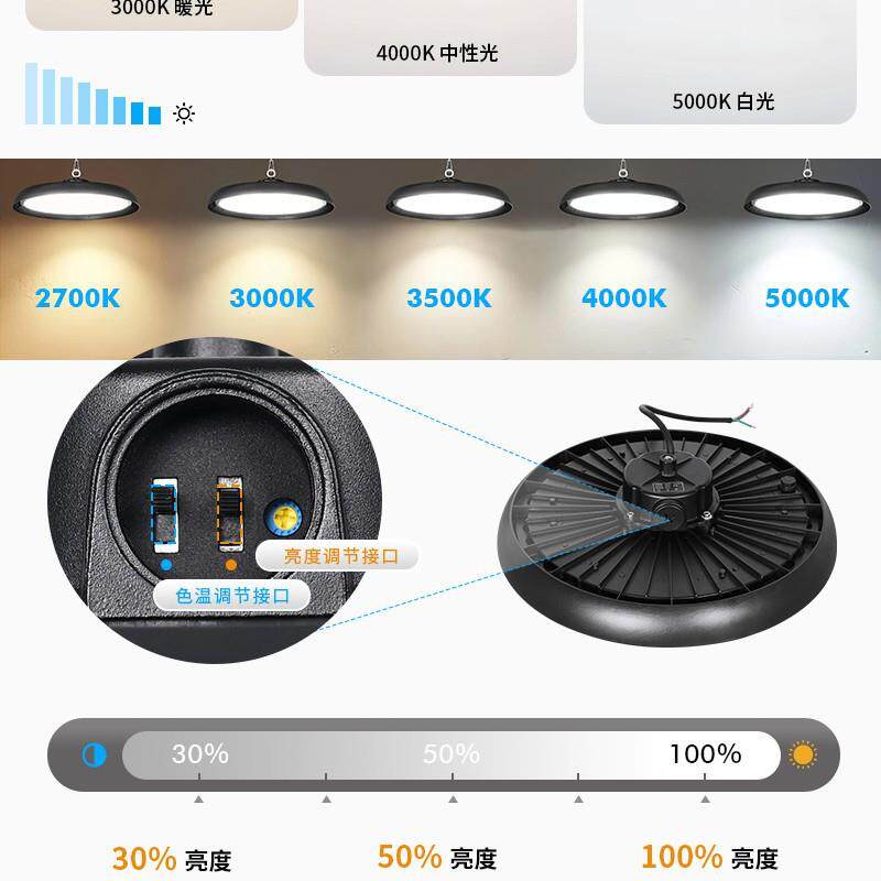 150lm/wled工矿灯三色拨码ufo高湾灯带0-10V调光一体飞碟灯高棚灯