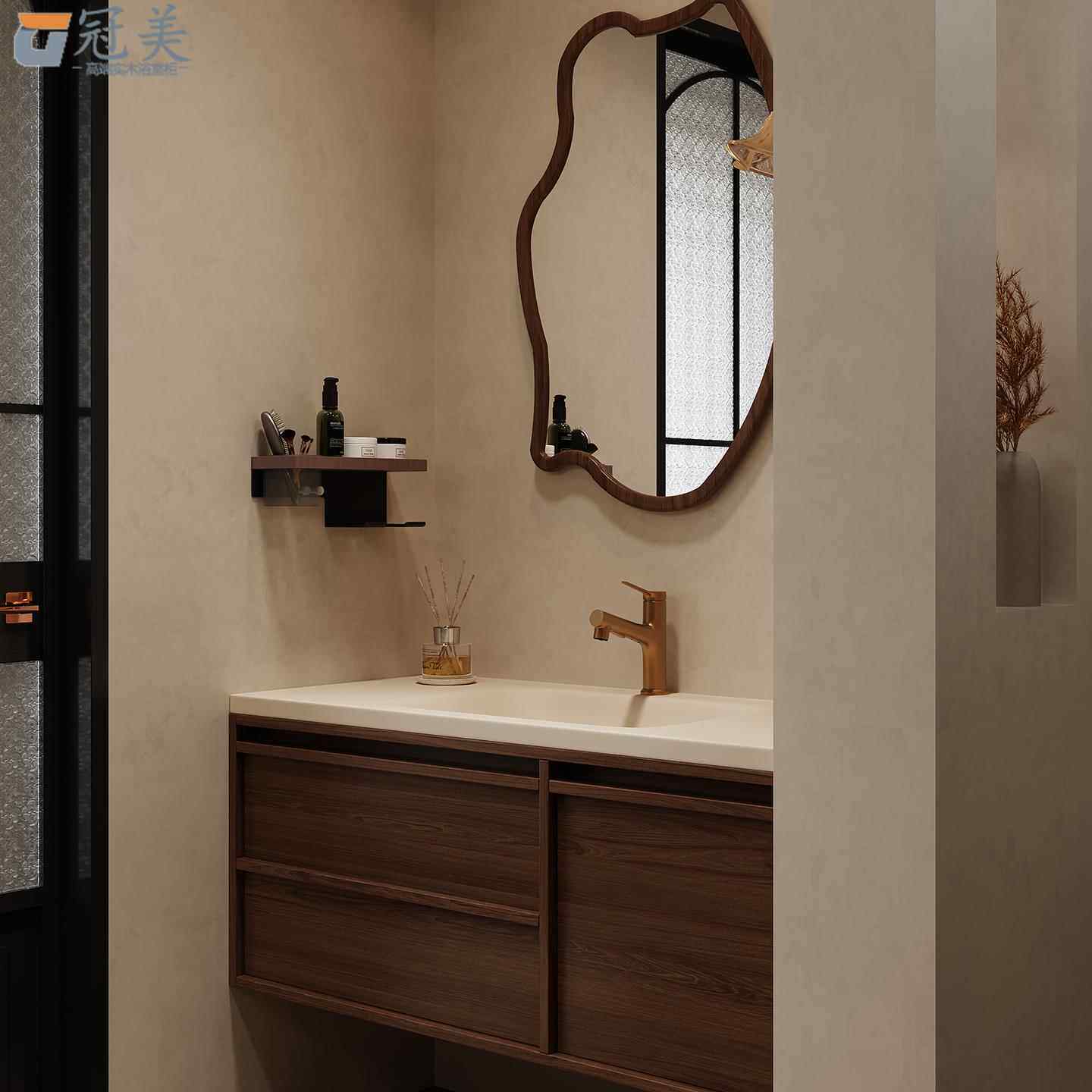 中古风可丽耐一体盆浴室柜组合卫生间岩板热弯洗手洗脸洗漱台定制