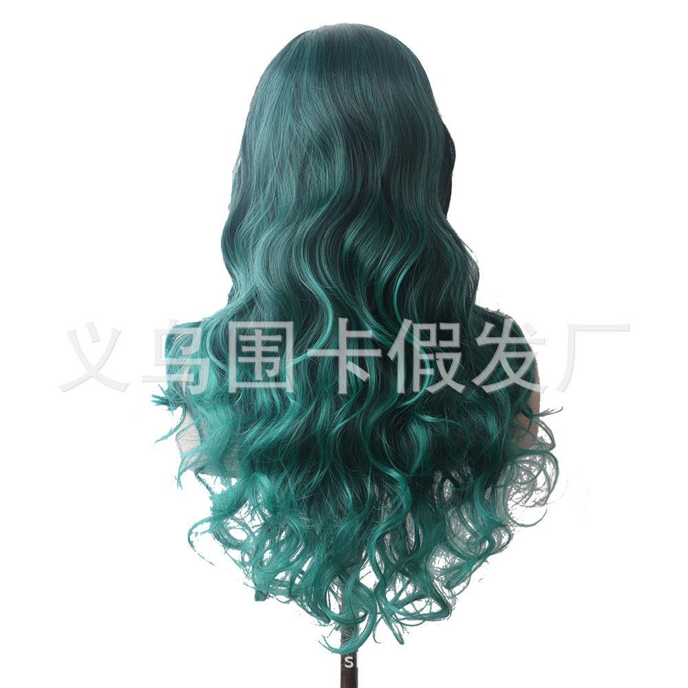 新款直销跨境欧美绿色渐变假发全头套女中分长卷发大波浪假发套化