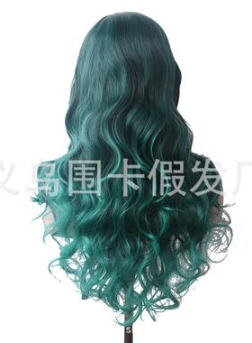 新款直销跨境欧美绿色渐变假发全头套女中分长卷发大波浪假发套化