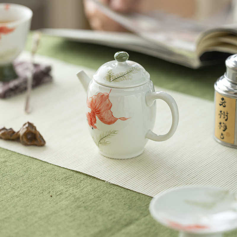 泥人述 甜白手绘鱼戏藻茶壶 釉下彩手作锦鲤金鱼梨形壶小直壶茶具
