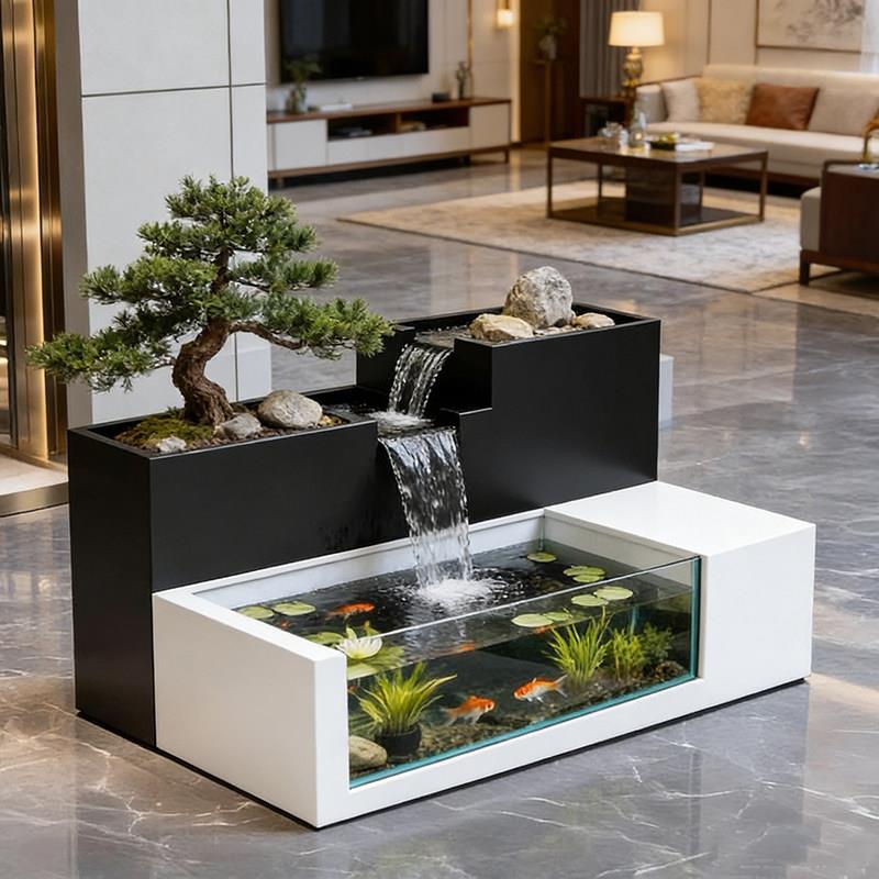 阳台创意流水鱼缸花箱组合落地钢化玻璃露台水循环鱼池不锈钢庭院