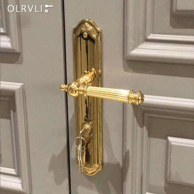 olrvli法式轻奢黄铜金色连体门锁复古古典实木门磁吸双开门门锁