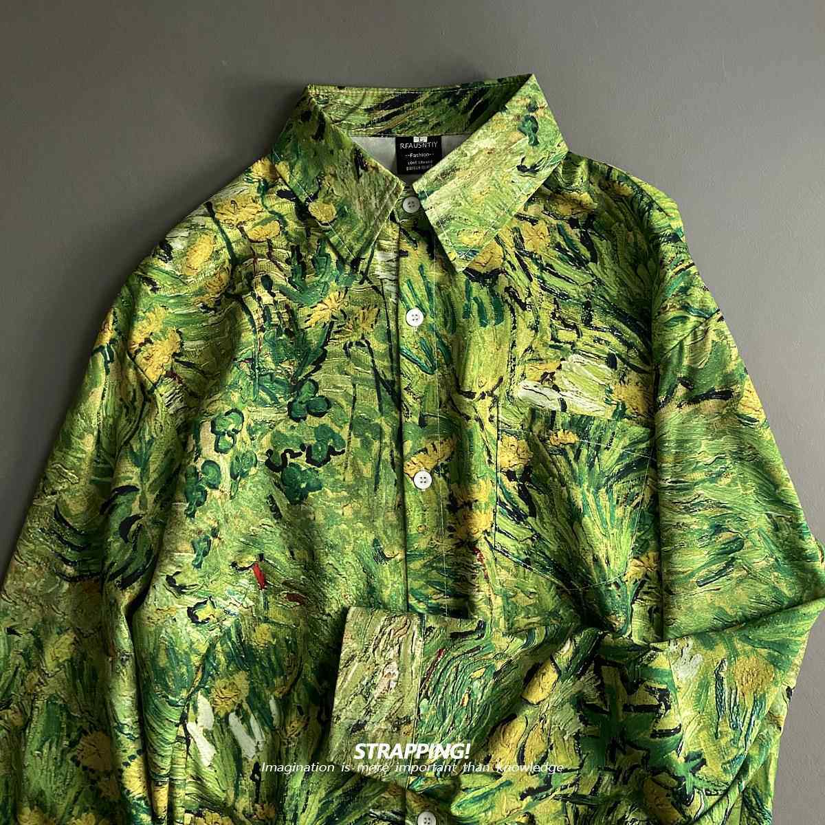 STRAPPING草绿植物油画 画碎花长袖衬衫港风覆古日系男女痞帅春秋