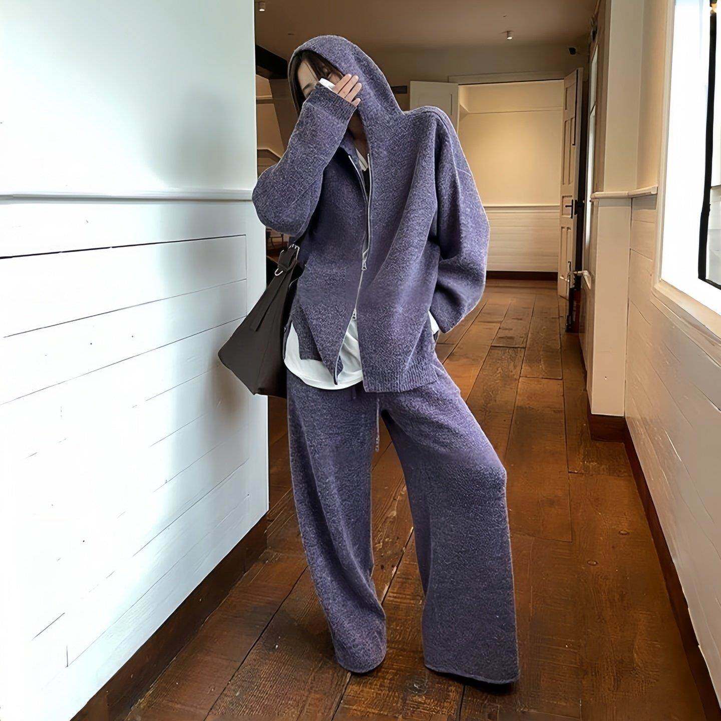 欧洲站连帽时尚气质套装女2025秋季大码胖MM针织开衫直筒裤两件套