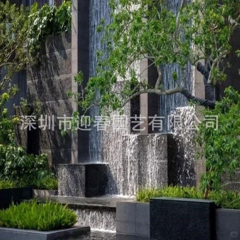 户外庭院拉线水幕墙水景墙瀑布喷泉光纤拉线钢网水帘水幕造景