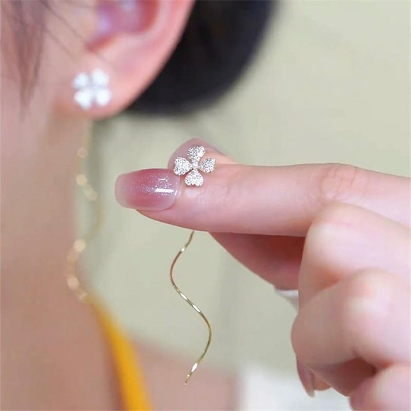 四叶花满钻花朵耳线小众设计高级感气质网红耳饰轻奢显脸瘦耳环女