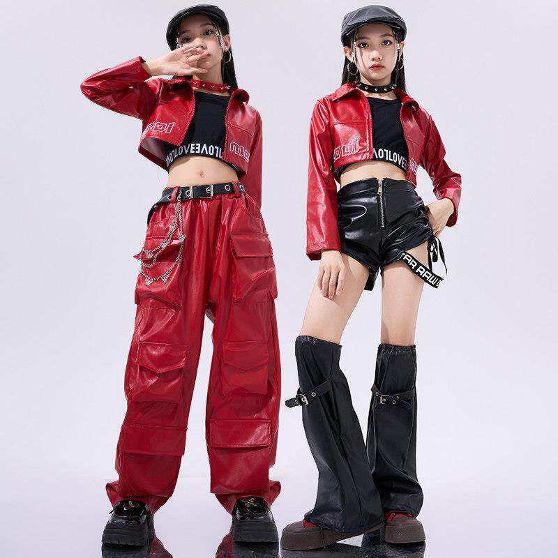 少儿爵士舞服装女孩街舞表演服女团jazz T台走秀红色机车潮服套装