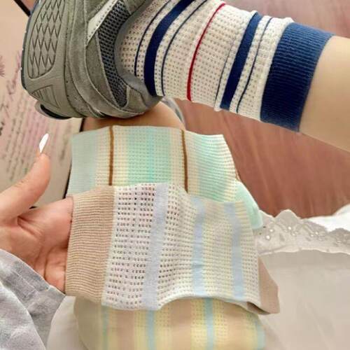 复古条纹控的日常~春夏网眼条纹堆堆袜子女ins潮纯棉薄款中筒袜c