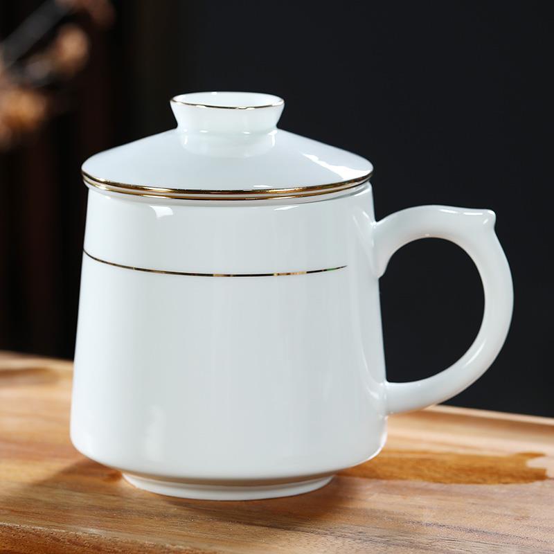 景德镇陶瓷茶杯带过滤描金白色办公室泡茶杯茶水分离杯子带盖定制