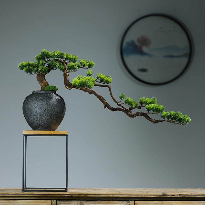 新中式真迎客松盆景 桌面摆件仿真绿色植物盆景 福建产木质仿真盆