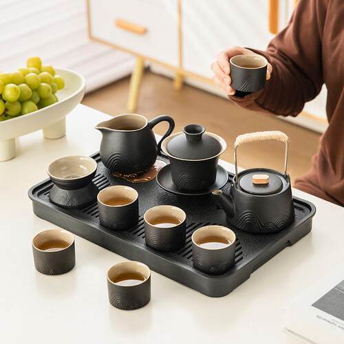 新款直销几欢 黑陶功夫茶具套装陶瓷家用茶壶盖碗泡茶杯喝茶轻奢