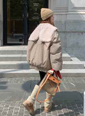 卡其色韩系羊羔外毛C172-D25连帽派暖克羽绒服女冬保加厚白鸭季绒