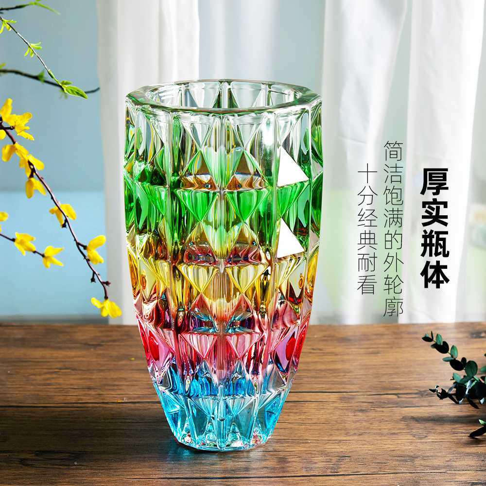 摆件彩色透明客厅玻璃大号棱竖花瓶创意插花器简约百合花花瓶养水