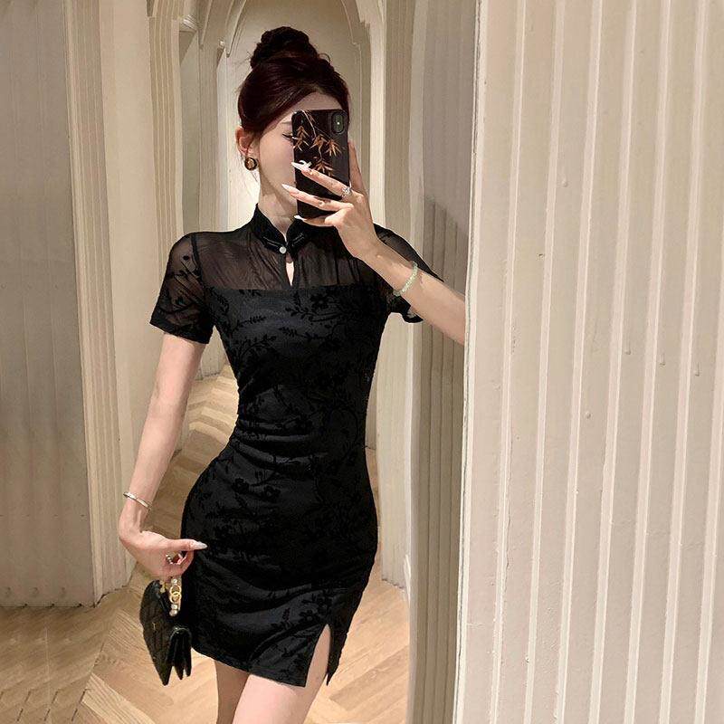 直播衣服女主播服装上镜年轻款性感网纱拼接新中式黑色旗袍洋装