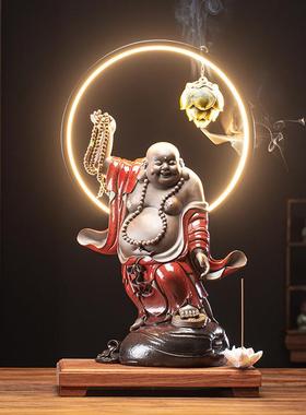 新中式大肚弥勒佛陶瓷招财笑佛佛像灯圈摆件客厅玄关办公室装饰品