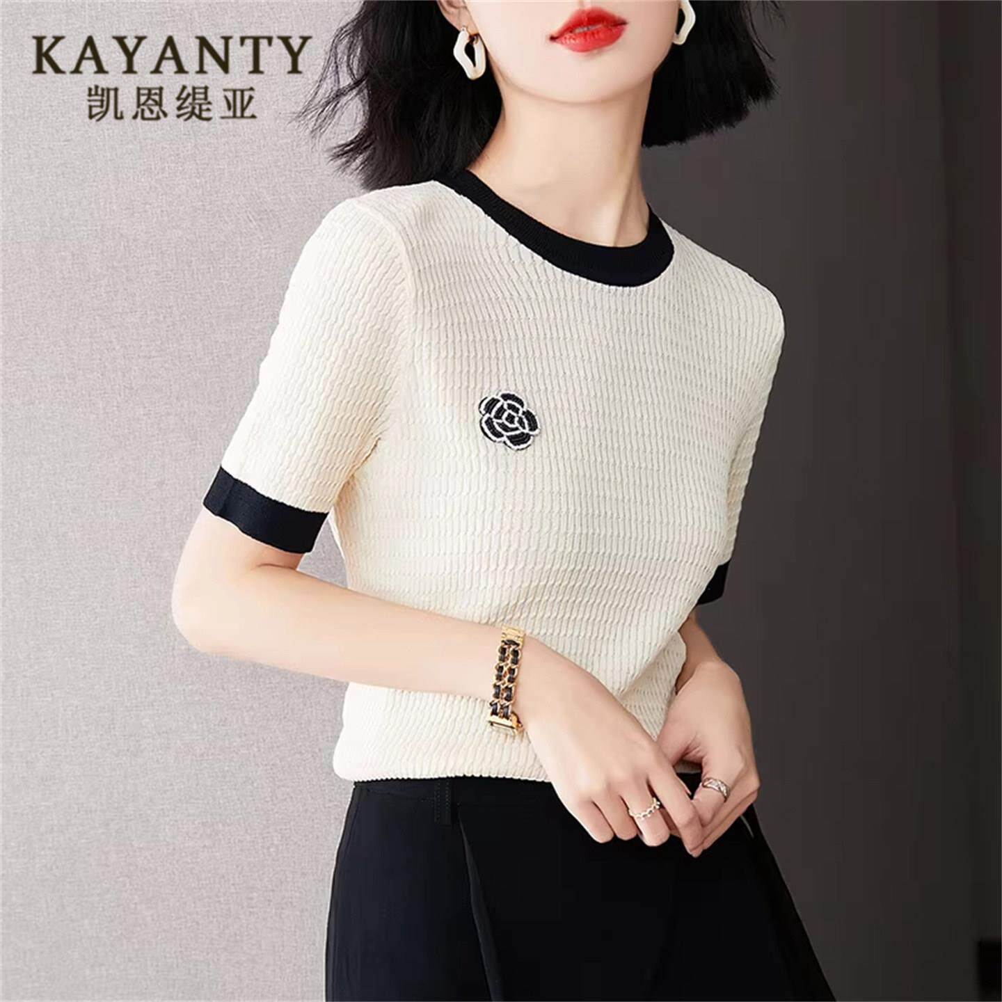 KAYANTY小香风上衣高级感大码妈妈夏装体恤冰丝针织衫短袖t恤女