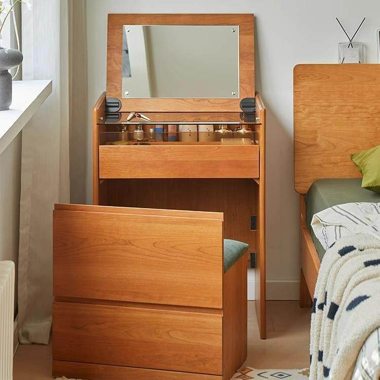 北欧实木梳妆台日式小户型卧室樱桃木斗柜翻盖一体床头柜化妆桌60