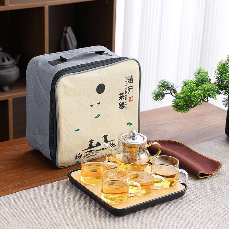 便携式玻璃功夫茶具套装家用户外露营过滤泡茶壶茶杯茶盘旅行茶具
