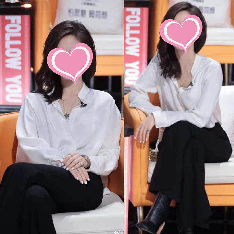 明星王子文同款职业衬衫春秋新款真丝宽松轻熟长袖上衣女黑色裤子