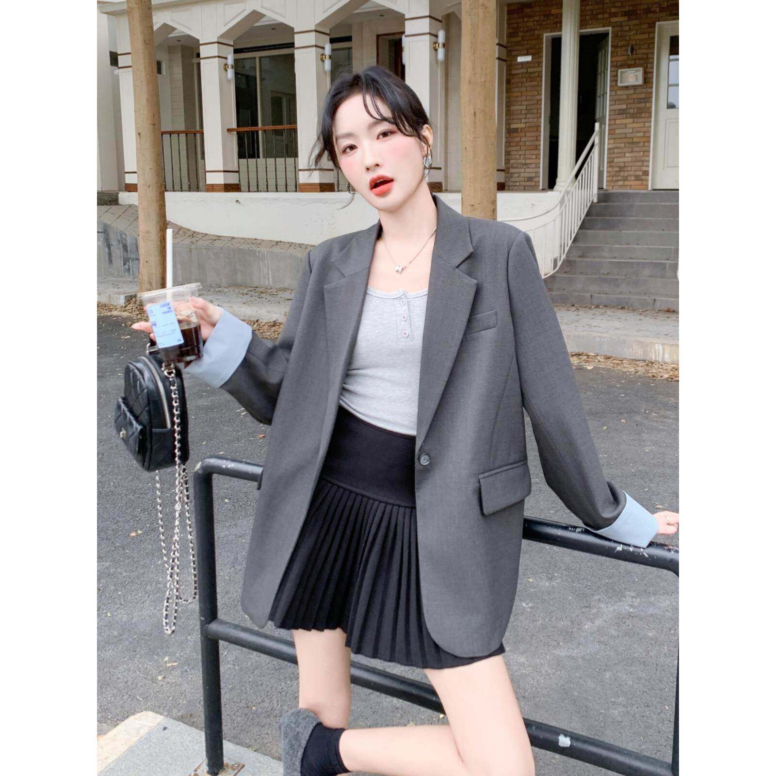 灰色西装外套女2026春秋新款高级感拼接撞色袖气质宽松休闲小西服