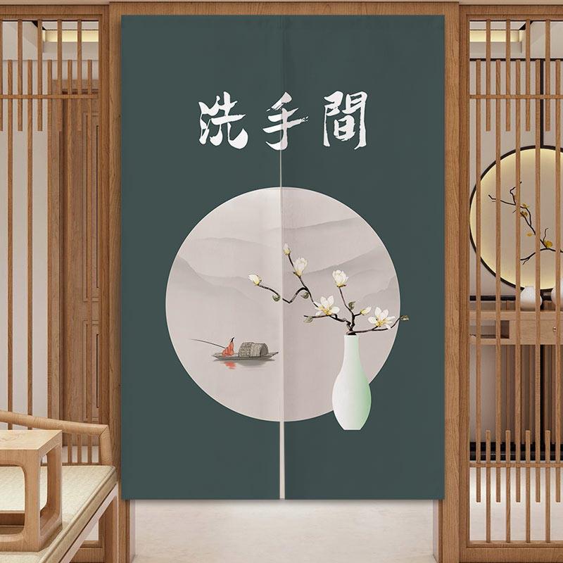中式布艺卫生间门帘 全遮光免打孔隔断帘 分片式多尺寸 商用家用